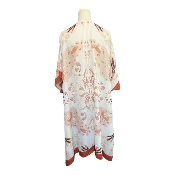 🤎🤍 EUC Bohemian Cream & Rust Print Chiffon Kimono Caftan Cover Up | OS - Picture 5 of 7